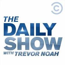The Daily Show with Trevor Noah logo which is bold blue letters that read "The Daily Show with Trevor Noah." Each word is stacked on one another