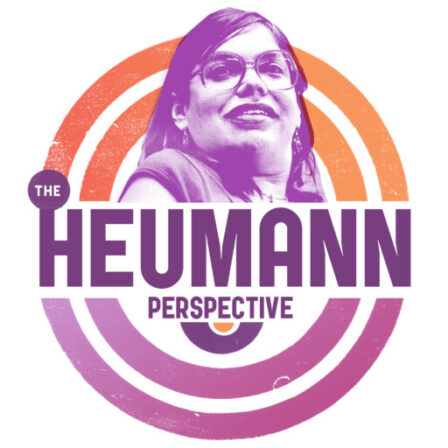 Logo for the Heumann Perspective with a photo of Judy Heumann centered and cocentric circles around it