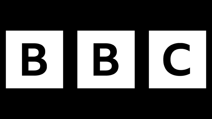Logo for BBC with back background and white boxes with black text