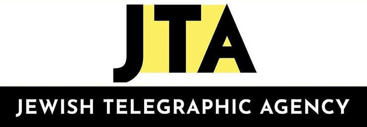 Logo for Jewish Telegraphic Agency in white text with backbackground above is JTA in black text with yellow background