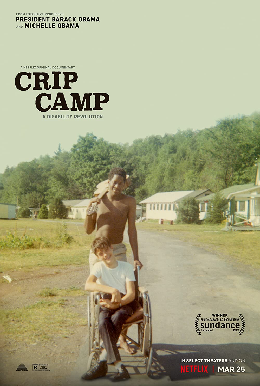 Poster for Crip Camp with two men, one in a wheelchair and one standing behind him. Logos for Sundance and Netflix in bottom right corner.