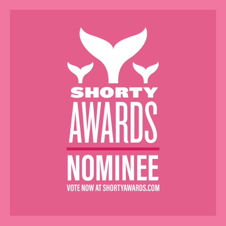 A pink graphic with white text that reads "Shorty Awards Nominee" with the Shorty Award logo of 3 whale tails.