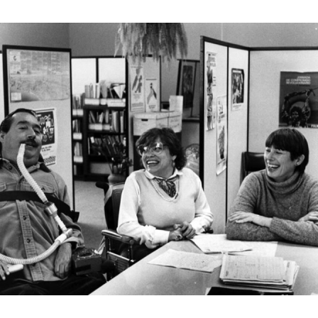 Judy_Ed Roberts and Joan Leon_World Inst on Dis offices Oakland, CA_mid 1980s