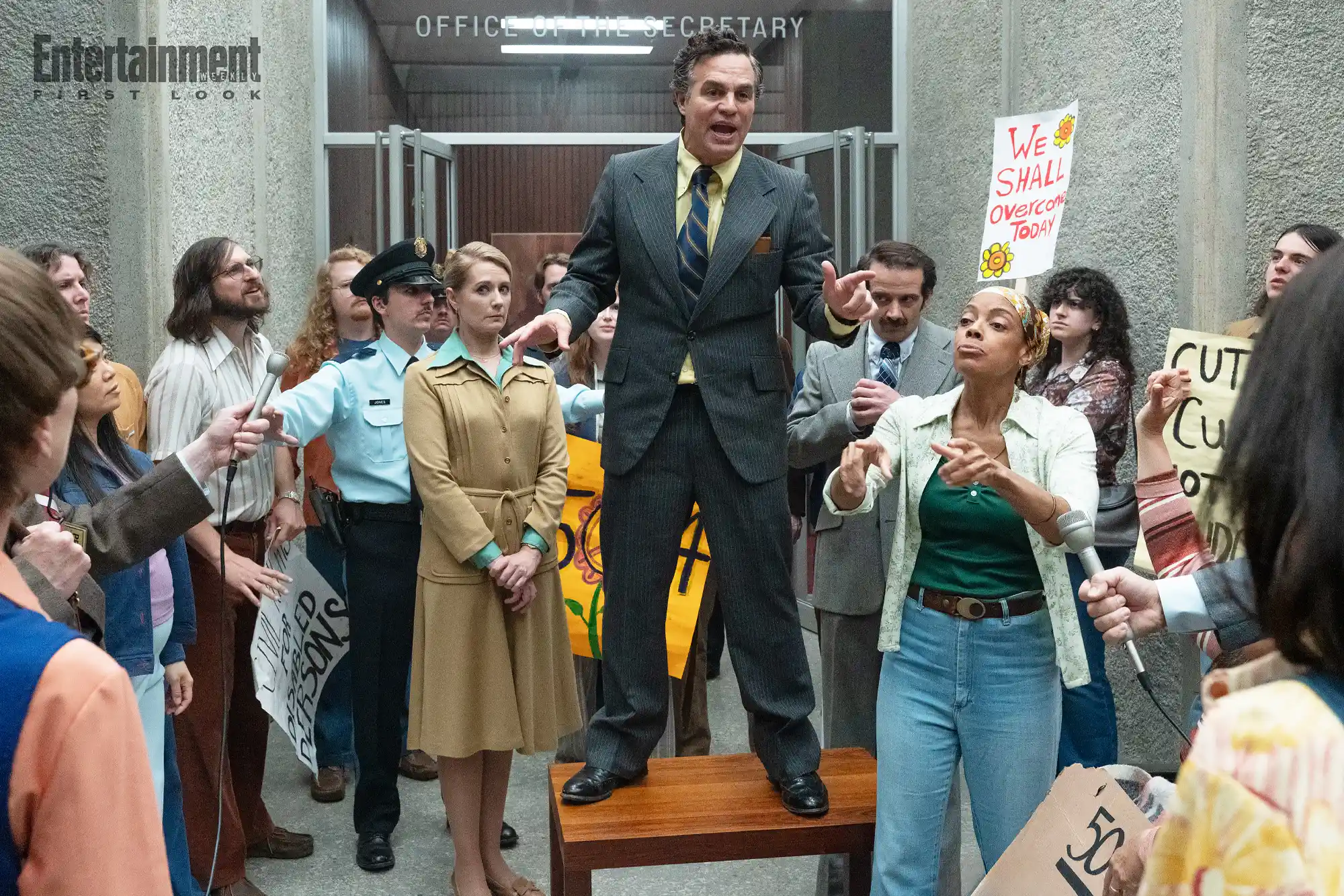 Mark Ruffalo in Being Heumann surrounded by protestors